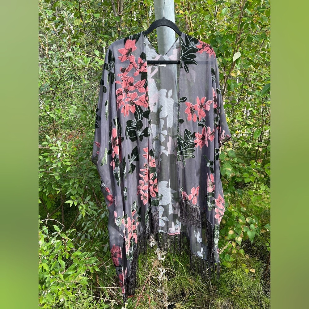 World Market Sheer & Velvet Floral Shawl